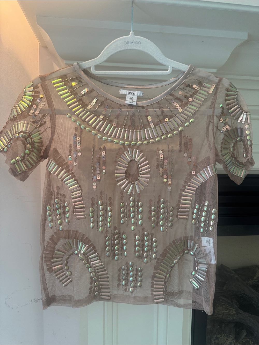 Bar III "Latte" Mesh Embellished Short Sleeve Top